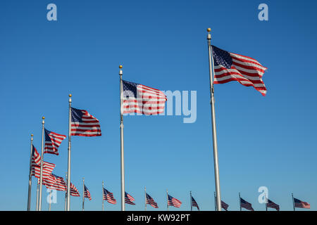 Circle of American stars and stripes flags on flag poles surrounding the Washington monument, Washington DC, USA Stock Photo