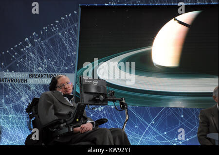 NEW YORK, NEW YORK - APRIL 12: Cosmologist Stephen Hawking attends the New Space Exploration Initiative 'Breakthrough Starshot' Announcement at One World Observatory. Stephen William Hawking CH, CBE, FRS, FRSA is an English theoretical physicist, cosmologist, author and Director of Research at the Centre for Theoretical Cosmology within the University of Cambridge on April 12, 2016 in New York City  People:  Stephen William Hawking Stock Photo