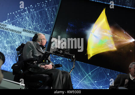 NEW YORK, NEW YORK - APRIL 12: Cosmologist Stephen Hawking attends the New Space Exploration Initiative 'Breakthrough Starshot' Announcement at One World Observatory. Stephen William Hawking CH, CBE, FRS, FRSA is an English theoretical physicist, cosmologist, author and Director of Research at the Centre for Theoretical Cosmology within the University of Cambridge on April 12, 2016 in New York City  People:  Stephen William Hawking Stock Photo