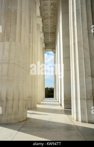 Close up interior exterior shot of marble Doric columns and colonnade in the Lincoln Memorial, Washington DC, USA Stock Photo