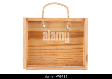 empty wooden box with rope handle isolated on white background Stock Photo