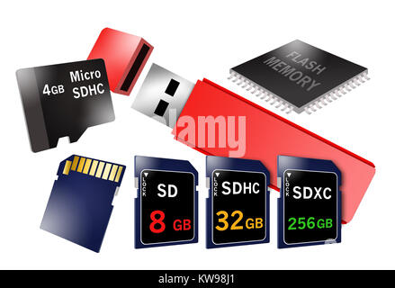 Flash memory is the theme of this illustration with assorted devices pictured that use flash memory. Pictured are SD cards, micro SD, thumb drive and Stock Photo