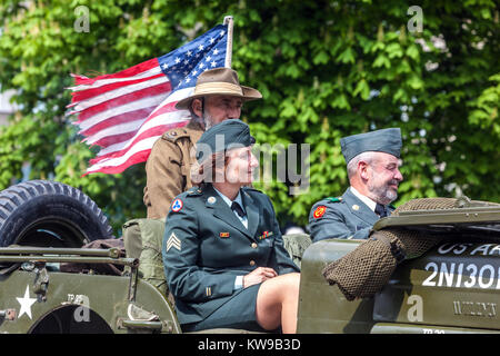 Celebrations of the liberated city, Plzen Czech Town, Pilsen Czech Republic ww2 US soldiers Stock Photo