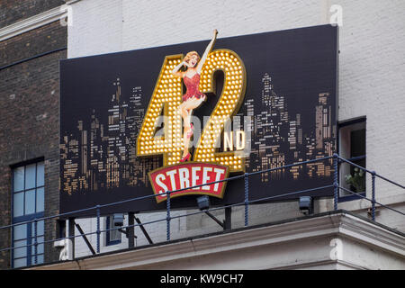 42nd Street musical large illuminated sign outside Theatre Royal, Drury Lane, Covent Garden, London, UK Stock Photo