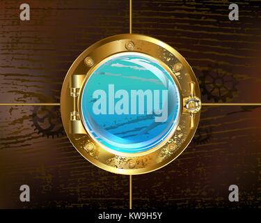 Antique, round porthole with durable glass on a brown wooden background. Antique porthole. Stock Vector