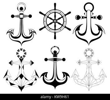 Set of silhouette black anchors and helm on a white background. Tattoos style. Silhouette anchor. Stock Vector