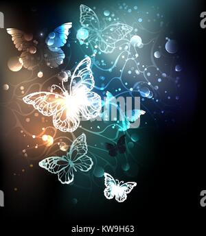 Night glowing butterflies on a luminous abstract background. Night butterflies. Design with butterflies. Stock Vector