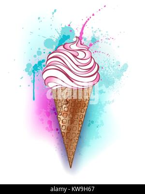 Pink ice cream with waffle horn, painted in watercolor on a white background. Drawing with watercolor. Artistic drawing of an ice cream. Stock Vector