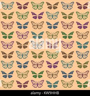 Green back ground with multi colored butterflies Stock Vector