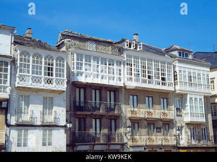 Facades of houses, traditional architecture. Viveiro, Lugo province, Galicia, Spain. Stock Photo