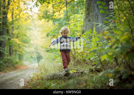 Young blonde boy with long curly hair playing in outdoor in autumnal forest. Stock Photo