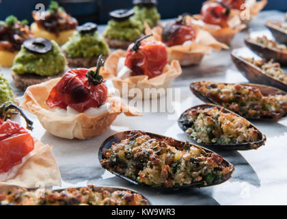 canapes in 8 rows on grey vein marble Stock Photo