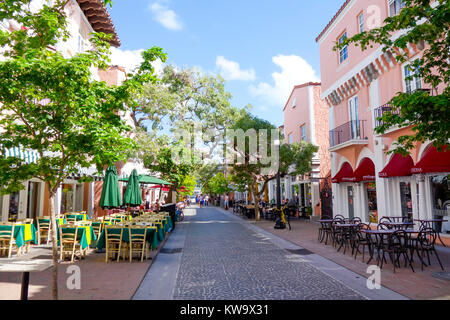 Restaurants Hotels and Shops on Espanola Way, a Mediterranean style street in South Beach Miami. Stock Photo