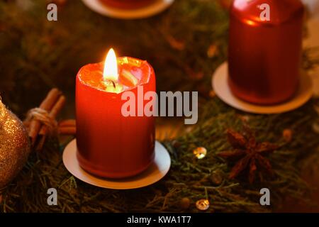 Christmas wreath with candle. House decorations. Classical Czech tradition. Concept for the winter season, food and Christmas holidays. Stock Photo