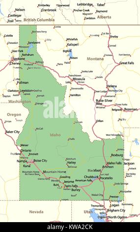 Map of Idaho. Shows country borders, urban areas, place names, roads and highways. Projection: Mercator. Stock Vector