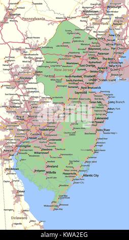 Map of New Jersey. Shows country borders, urban areas, place names, roads and highways. Projection: Mercator. Stock Vector