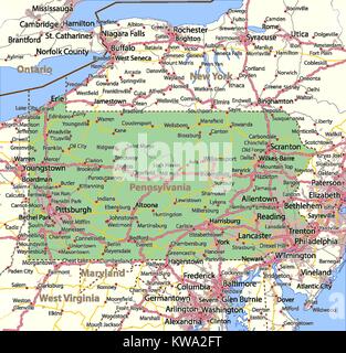 Map of Pennsylvania. Shows country borders, urban areas, place names, roads and highways. Projection: Mercator. Stock Vector