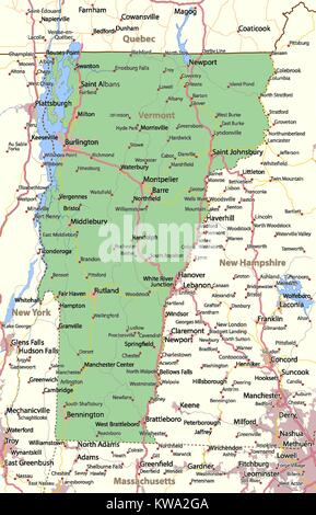 Map of Vermont. Shows country borders, urban areas, place names, roads and highways. Projection: Mercator. Stock Vector