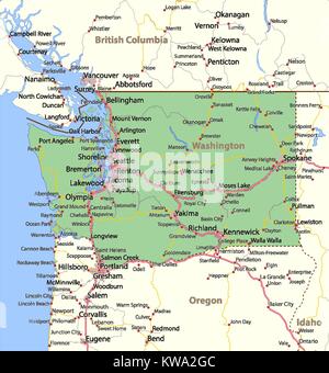 Map of Washington. Shows country borders, urban areas, place names, roads and highways. Projection: Mercator. Stock Vector