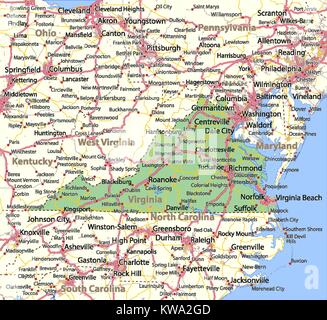 Map of Virginia. Shows country borders, urban areas, place names, roads and highways. Projection: Mercator. Stock Vector