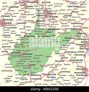 Map of West Virginia. Shows country borders, urban areas, place names, roads and highways. Projection: Mercator. Stock Vector