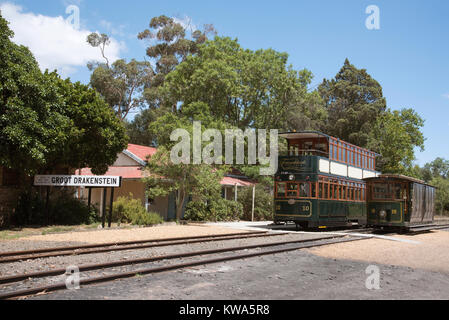 Groot Drakenstein, Western Cape, South Africa. December 2017. Two sightseeing wine trams at the old railway station. Stock Photo