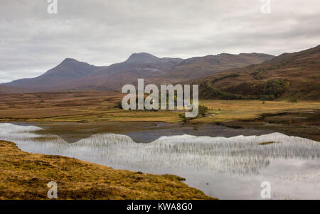 Reflections in calm water at Loch Coultrie, Wester Ross, Scotland Stock Photo