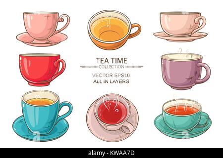 tea cups set color Stock Vector