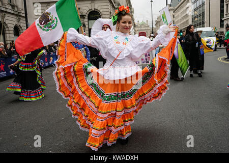 London, UK. 1st Jan, 2018. Tens of thousands of people braved dreadful weather in central London for the capital's annual New Year's Day parade, January 1st 2018, London, UK. Credit: See Li/Alamy Live News