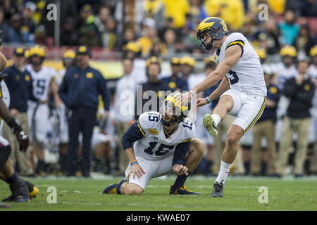 January 1, 2018 - Michigan Wolverines place kicker Quinn Nordin (3) completes a 35 yard field goal during the first quarter against the South Carolina Gamecocks during the Outback Bowl at Raymond James Stadium on Monday January 1, 2018 in Tampa, Florida. The score at half Michigan 9-3. Credit: Travis Pendergrass/ZUMA Wire/Alamy Live News Stock Photo