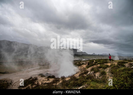 Llanes, Spain. 01st Jan, 2018. Sea water is expelled ashore at geysers of 'Bufones of Pria' on January 01, 2018 in Llanes, Spain. 'Carmen' storm has arrived from the Atlantic to Spain bringing strong winds, rains and snowfalls to almost all the country. Asturias has registred gusts of winds reaching 100 km per hour. Credit: David Gato/Alamy Live News Stock Photo