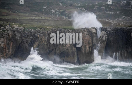 Llanes, Spain. 01st Jan, 2018. Waves crashing against the cliffs of 'Bufones of Pria' on January 01, 2018 in Llanes, Spain. 'Carmen' storm has arrived from the Atlantic to Spain bringing strong winds, rains and snowfalls to almost all the country. Asturias has registred gusts of winds reaching 100 km per hour. Credit: David Gato/Alamy Live News Stock Photo