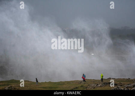 Llanes, Spain. 01st Jan, 2018. Waves crashing against the cliffs of 'Bufones of Pria' on January 01, 2018 in Llanes, Spain. 'Carmen' storm has arrived from the Atlantic to Spain bringing strong winds, rains and snowfalls to almost all the country. Asturias has registred gusts of winds reaching 100 km per hour. Credit: David Gato/Alamy Live News Stock Photo