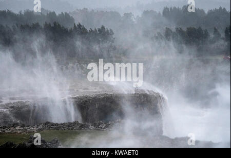 Llanes, Spain. 01st Jan, 2018. Waves crashing against the cliffs of 'Bufones of Pria' on January 01, 2018 in Llanes, Spain. 'Carmen' storm has arrived from the Atlantic to Spain bringing strong winds, rains and snowfalls to almost all the country. Asturias has registred gusts of winds reaching 100 km per hour. Credit: David Gato/Alamy Live News Stock Photo