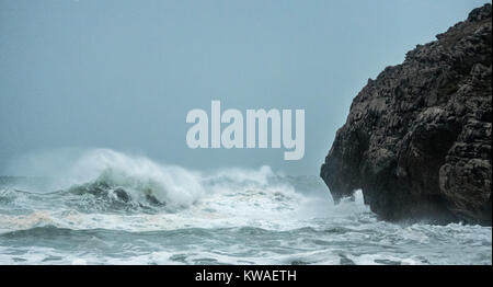 Llanes, Spain. 01st Jan, 2018. Waves crashing against the cliffs of 'Bufones of Pria' on January 01, 2018 in Llanes, Spain. 'Carmen' storm has arrived from the Atlantic to Spain bringing strong winds, rains and snowfalls to almost all the country. Asturias has registred gusts of winds reaching 100 km per hour. Credit: David Gato/Alamy Live News Stock Photo