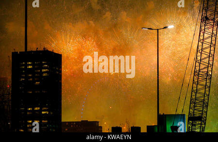 London, UK. 1st Jan, 2018. London New Year celebration at London Eye. View from Blackfriars Bridge in London. Thousands of people came to see spectacular firework show. Credit: catwalking/runways/Alamy Live News Stock Photo