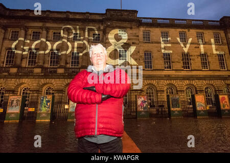 Edinburgh, Scotland, United Kingdom. 2nd Jan, 2017. Bestselling Author Val MacDermid launches the Message from the Skies in Edinburgh. The project features projections onto many of the cityÕs landmarks, following chapter by chapter a new story written by Val McDermid called New YearÕs Resurrection, commissioned by EdinburghÕs Hogmanay and Edinburgh International Book Festival. Credit: Iain Masterton/Alamy Live News Stock Photo