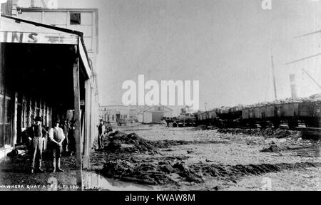 Aftermath of flooding at Mawhera Quay, Greymouth, Westland, New Zealand, probably in 1936. Stock Photo