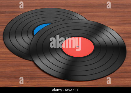 Vinyl records on the wooden table. 3D rendering Stock Photo