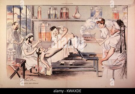 French chromolithograph by Abel Faivre showing a female patient who is undergoing gynecological surgery, with the surgeon proclaiming that he lost his ring, 1902. Courtesy National Library of Medicine. Stock Photo