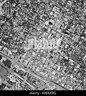 Declassified reconnaissance satellite view, taken by the Central Intelligence Agency's (CIA) Keyhole (AKA Corona or Discoverer) spy satellite of University Avenue in the downtown portion of the Silicon Valley town of Palo Alto, California, September, 1984. Stock Photo