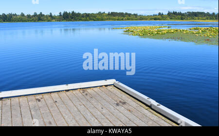 The man made Lake Terrell in Pacific Northwest city of Ferndale, Washington, USA.  The beautiful blue waters are home to waterfowl and various fish. Stock Photo