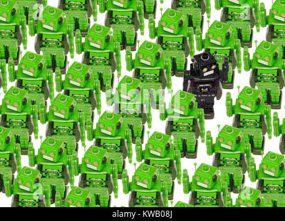 concept gong against the crowed with retro robot toys Stock Photo