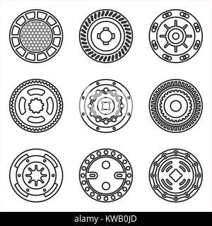 Set of various types of machinery parts, vector thin line Stock Vector