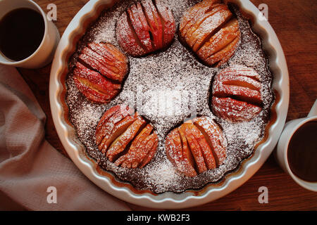 Apple pie, fruit dessert, tart on wooden rustic table. Top view, christmas background Stock Photo