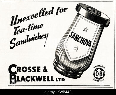 1940s old vintage original advert advertising Crosse & Blackwell Sanchova sandwich spread in magazine circa 1947 when supplies were still restricted under postwar rationing Stock Photo