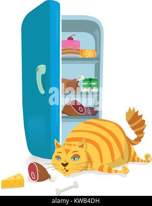 Fat Cat steal food from the refrigerator. Stock Vector
