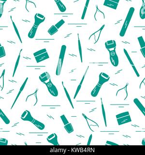 Seamless pattern with variety tools for manicure and pedicure. Personal care. Design for banner, poster or print. Stock Vector