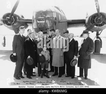 Senator Truman's committee visits the Ford Motor Company on April 13, 1942. The war production oversight committee, 'Senate Special Committee to Investigate the National Defense Program', brought Truman national prominence and the 1944 vice presidential nomination. World War 2. (BSLOC 2014 8 198) Stock Photo