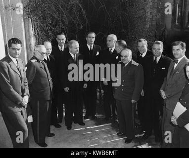 Foreign ministers and delegates to the Yalta Conference, Feb. 4–11, 1945. 2nd from left, Andrey Vishinsky; 4th from left, Averill Harriman; 5th from left, Vyacheslav Molotov; 6th from left, Anthony Eden; 7th from left, Edward Stettinius; 8th from left, Alexander Cadogan; and on far right, Alger Hiss. World War 2. (BSLOC 2014 8 201) Stock Photo